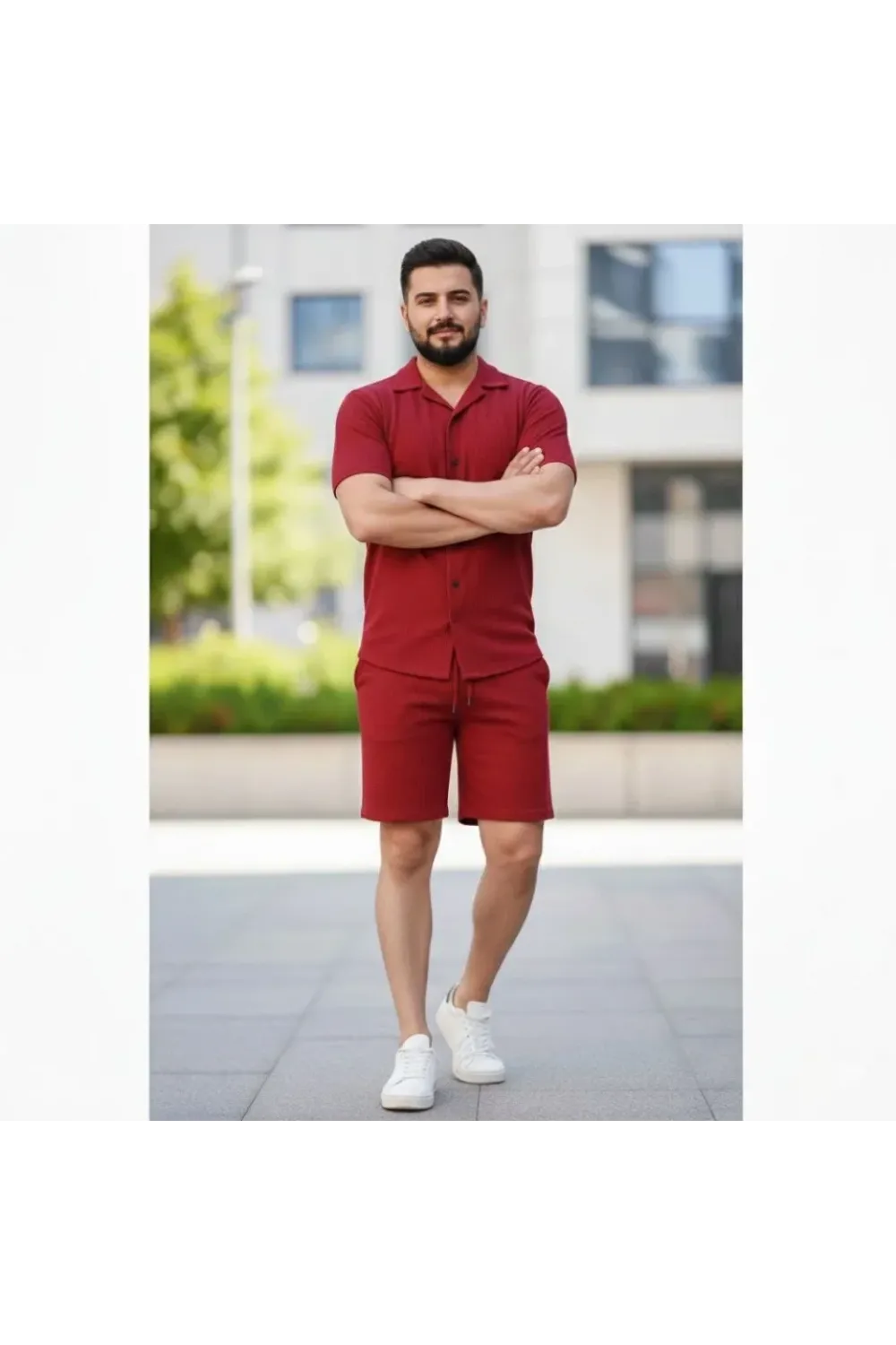 Erkek Waffle Kumaş Kısa Kollu Gömlek Şort Takım Regular Fit Yazlık İkili Set - Bordo
