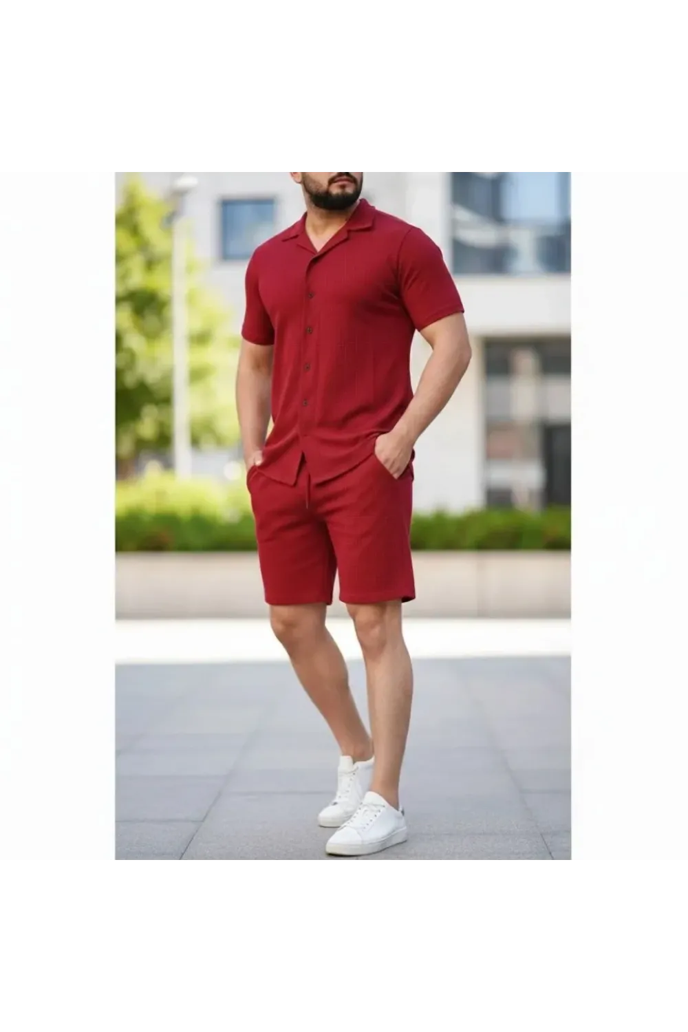 Erkek Waffle Kumaş Kısa Kollu Gömlek Şort Takım Regular Fit Yazlık İkili Set - Bordo