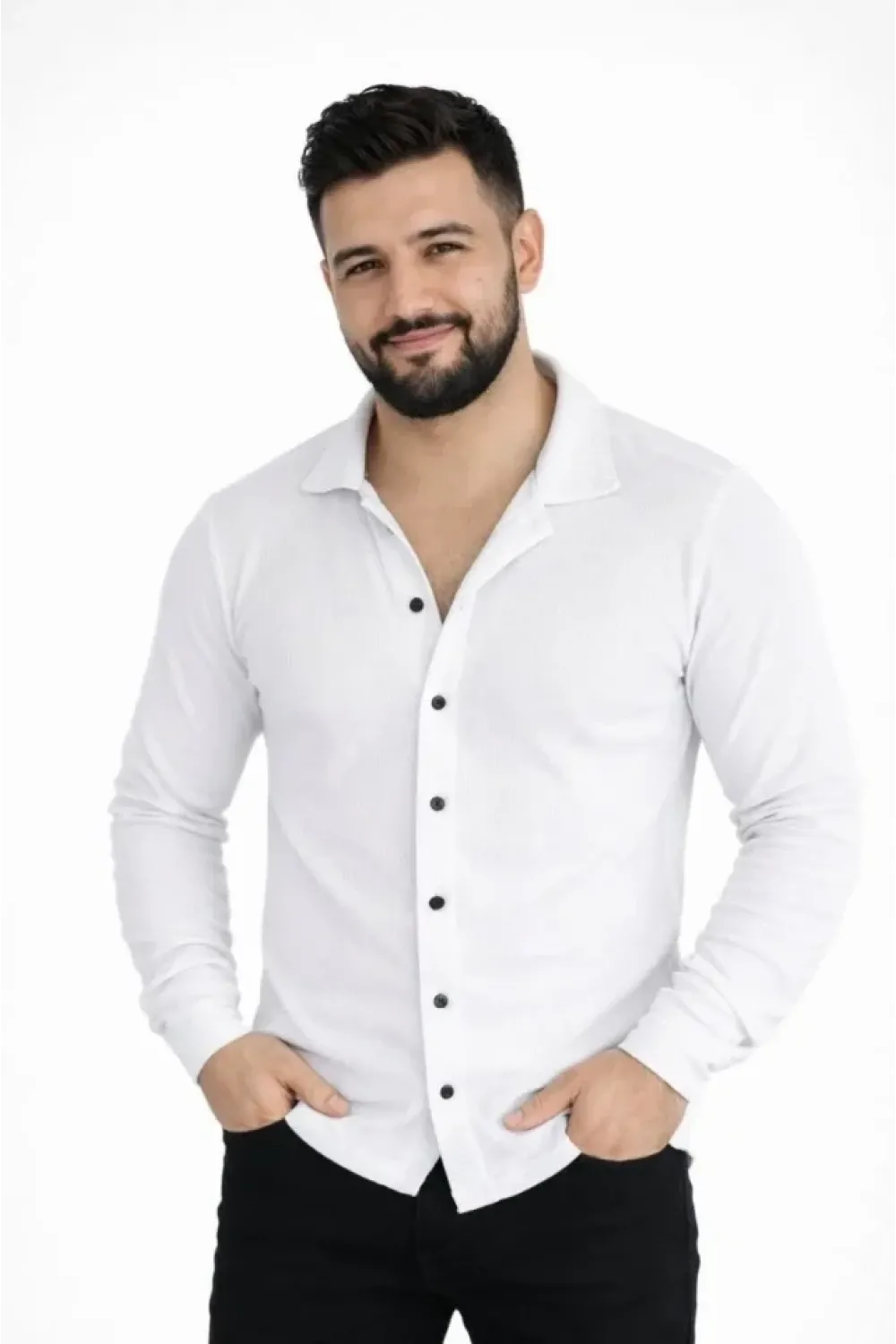 Erkek Waffle Kumaş Uzun Kollu Düğmeli Açık Yaka Regular Fit Gömlek - Beyaz