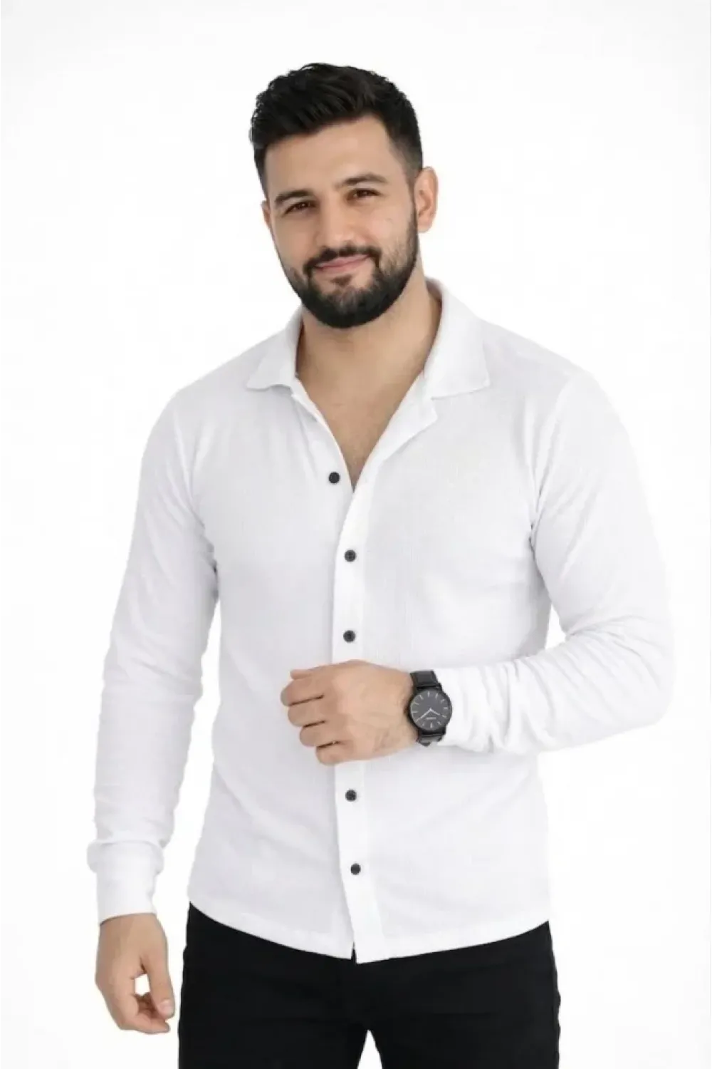 Erkek Waffle Kumaş Uzun Kollu Düğmeli Açık Yaka Regular Fit Gömlek - Beyaz