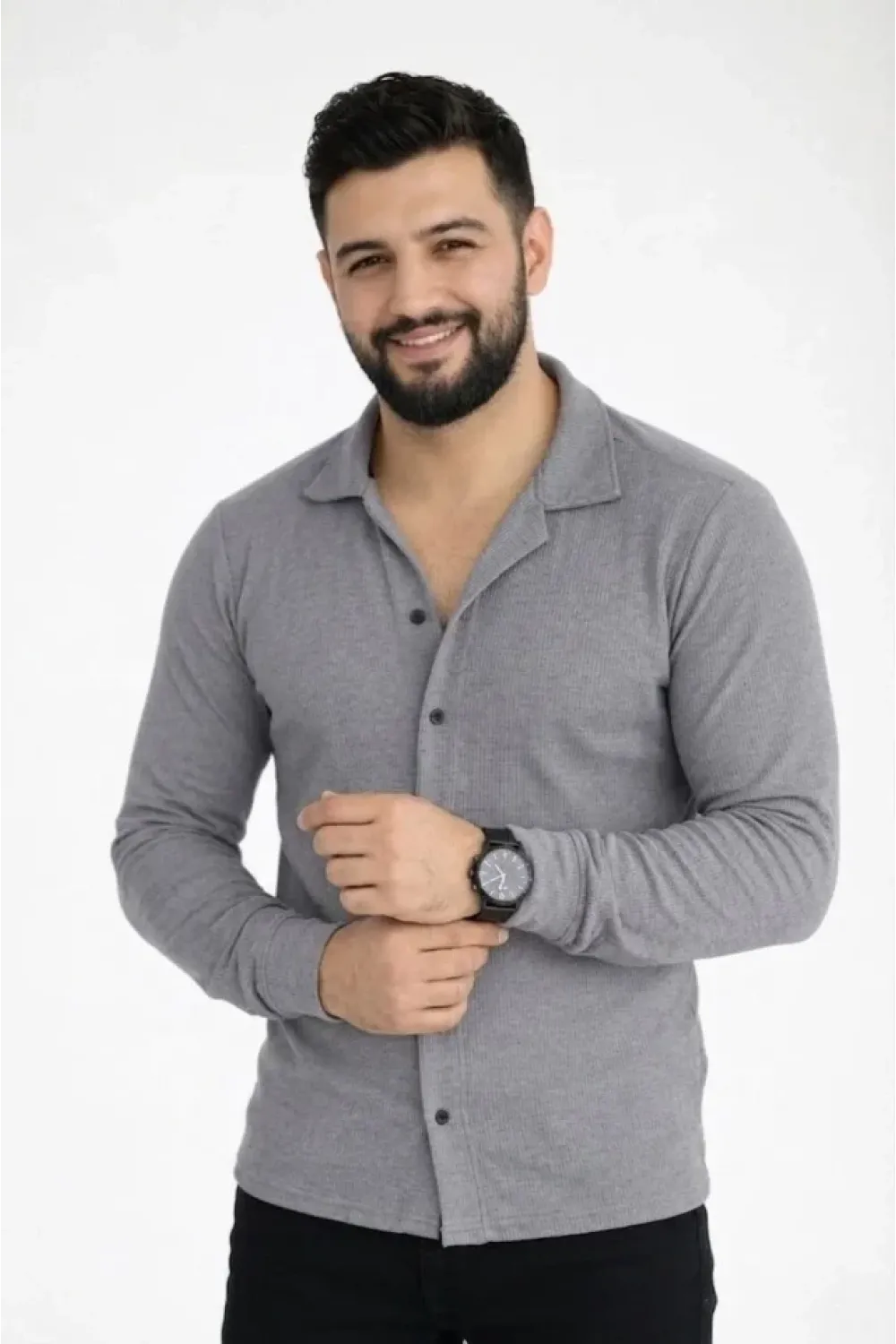 Erkek Waffle Kumaş Uzun Kollu Düğmeli Açık Yaka Regular Fit Gömlek - Füme