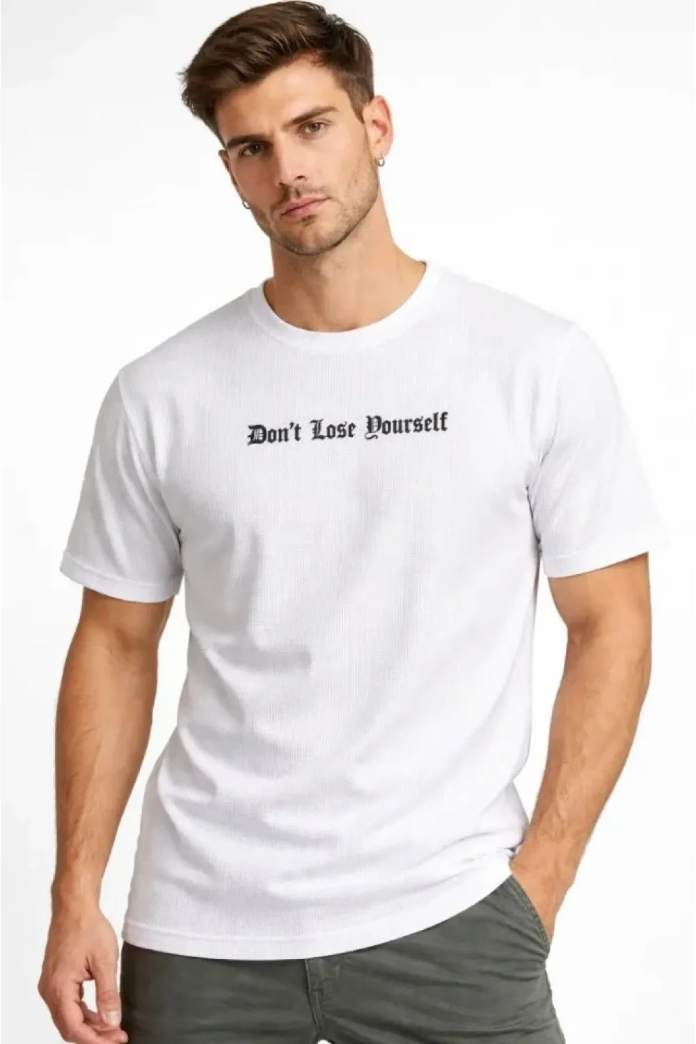 Erkek Wafıl Kumaş Tişört Regular Kalıp Bisiklet Yaka Baskılı Günlük Basic T-Shirt - Beyaz