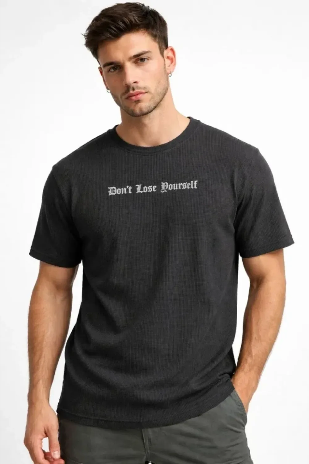Erkek Wafıl Kumaş Tişört Regular Kalıp Bisiklet Yaka Baskılı Günlük Basic T-Shirt - Siyah