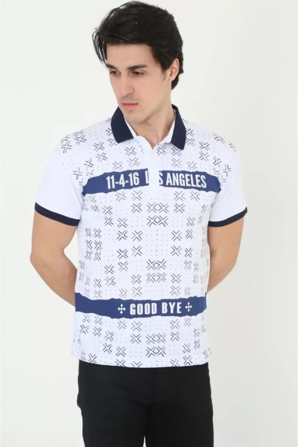 Erkek Yakalı Slim Fit Baskılı T-Shirt - Beyaz