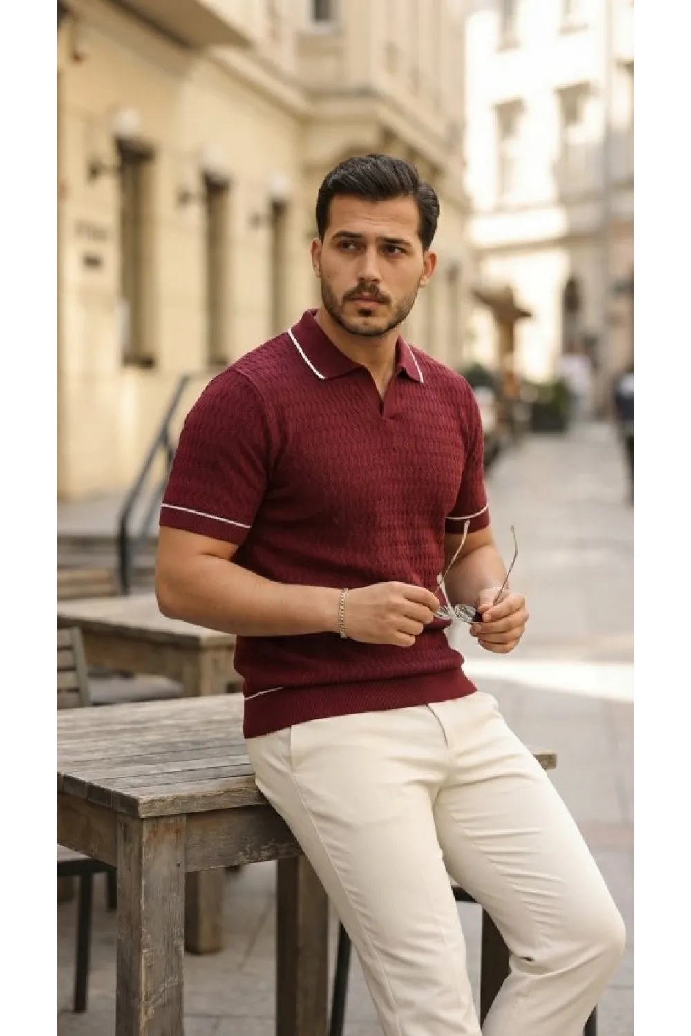 Erkek Zikzak Dokulu Yakalı Kısa Kollu Triko