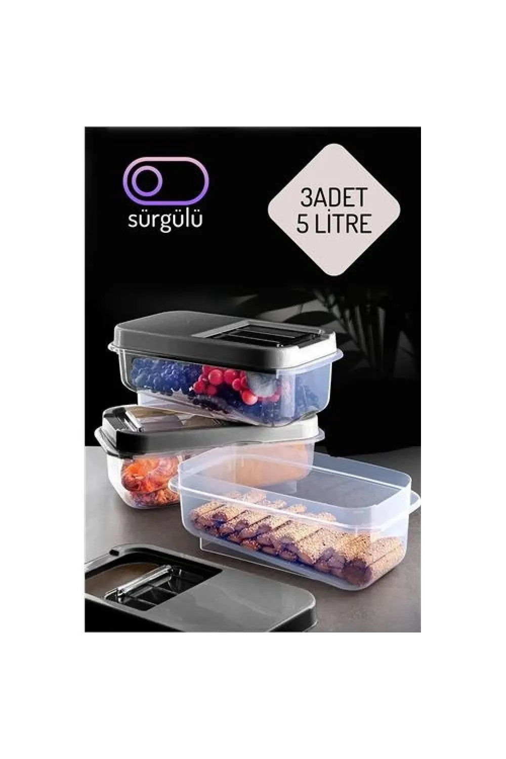 Erzak Bakliyat Saklama Kabı 3 lü Set 5 Lt Antrasit 717743