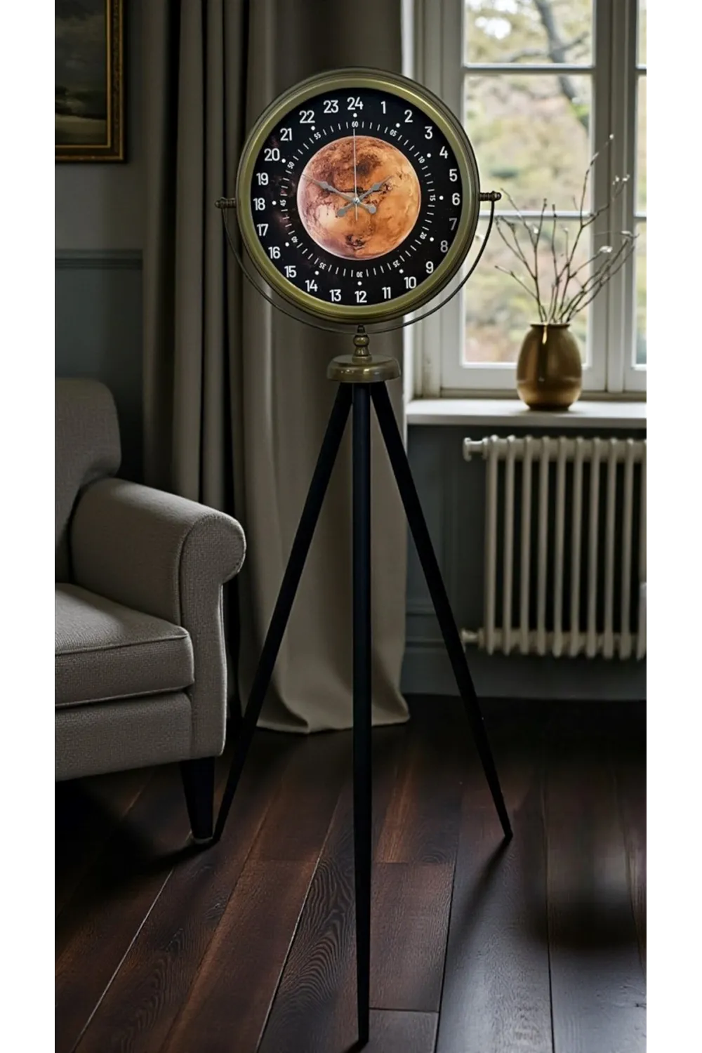 Eskitme 24 Saat Göstergeli Özel Tasarım Tripod Ayaklı Saat
