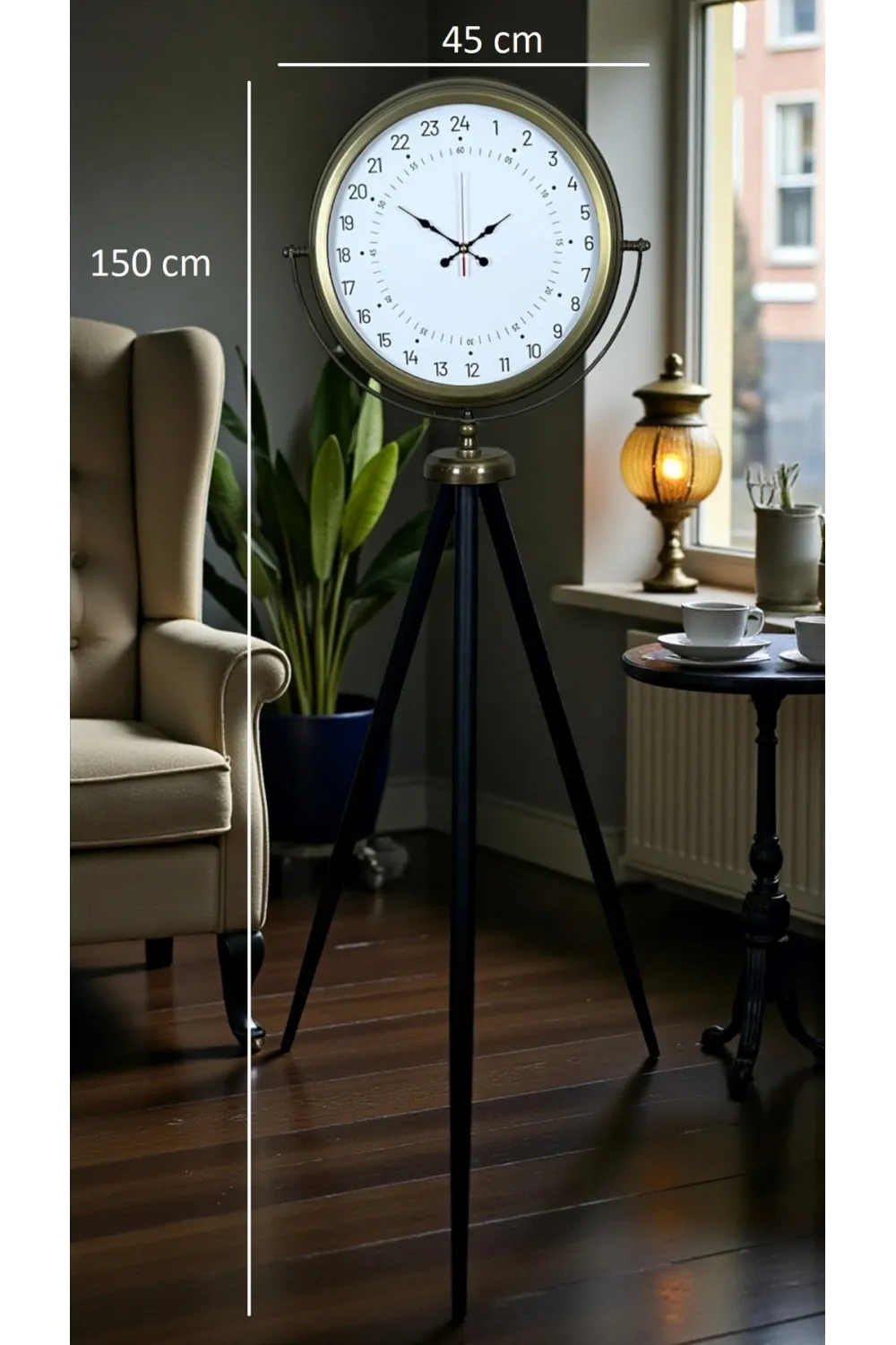 Eskitme 24 Saat Göstergeli Özel Tasarım Tripod Ayaklı Saat