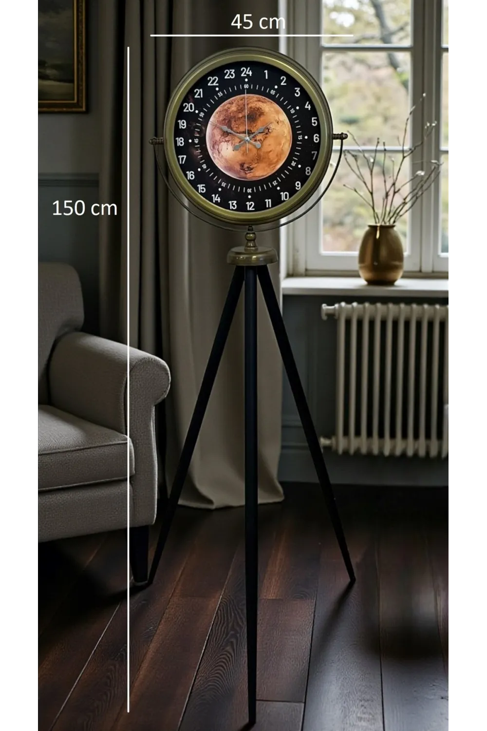 Eskitme 24 Saat Göstergeli Özel Tasarım Tripod Ayaklı Saat