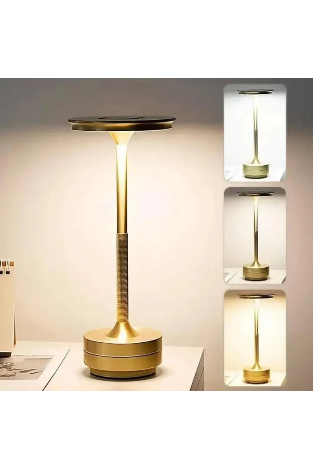 Eskitme Gold Kasa Dokunmatik Şarjlı Masa Lambası – 3 Renk Işık Modlu, Led Aydınlatmalı, Modern &amp; Dekoratif Abajur