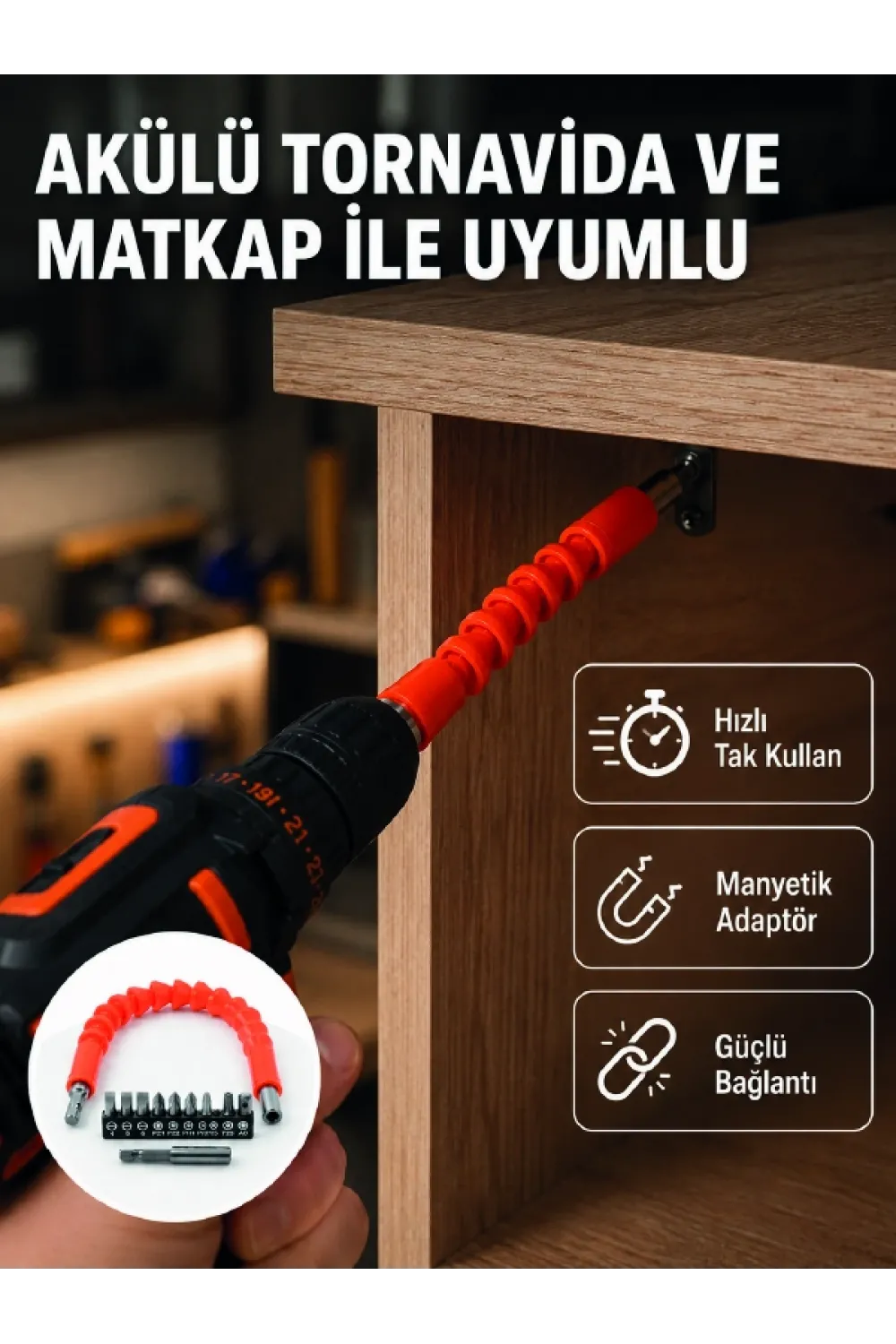 Esnek Bits Uç Seti 12 Parça Manyetik Adaptörlü Matkap Tornavida Aksesuarı
