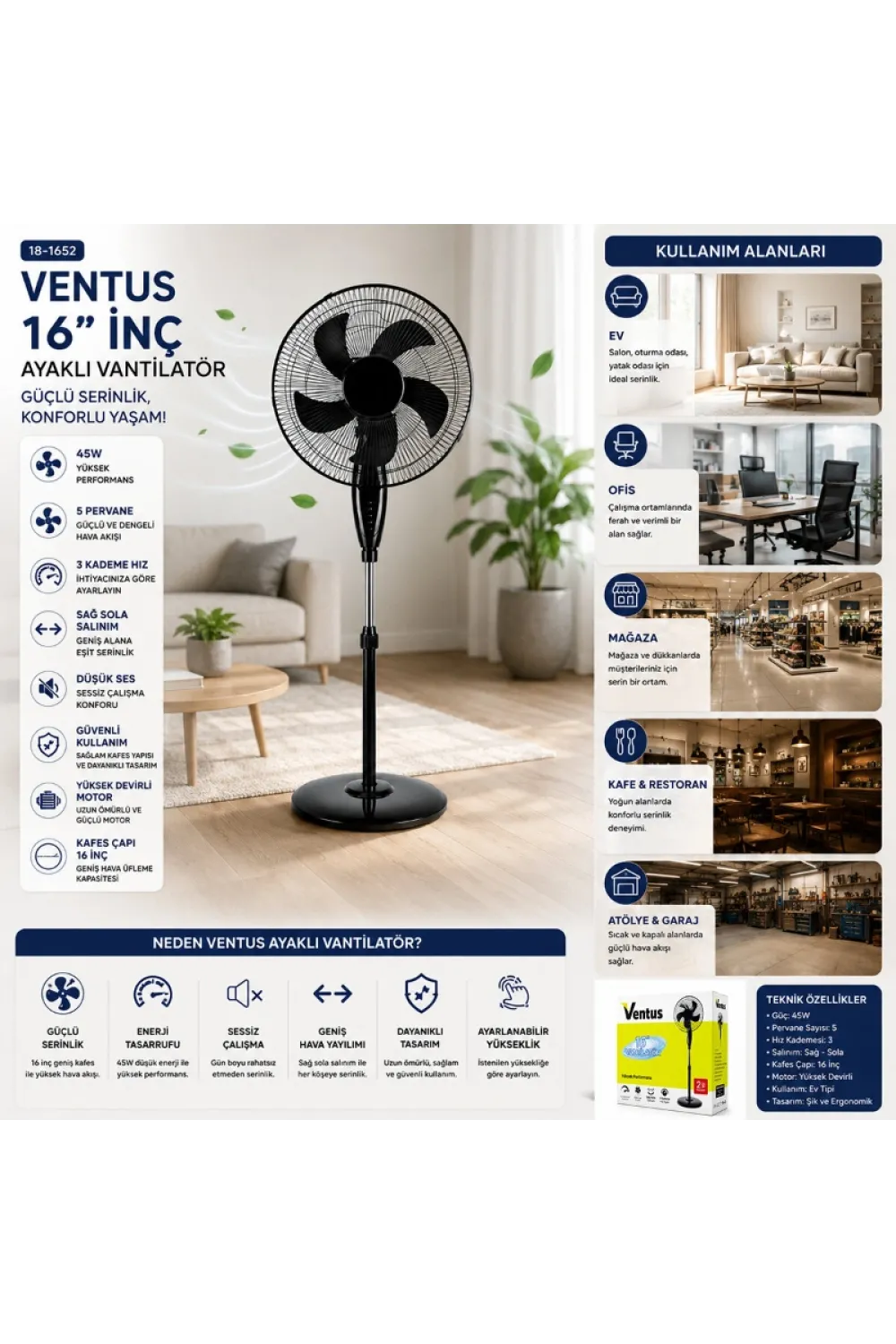 Ev Tipi Ayaklı Vantilatör - 16 İnç 5 Pervaneli - 45W Performans