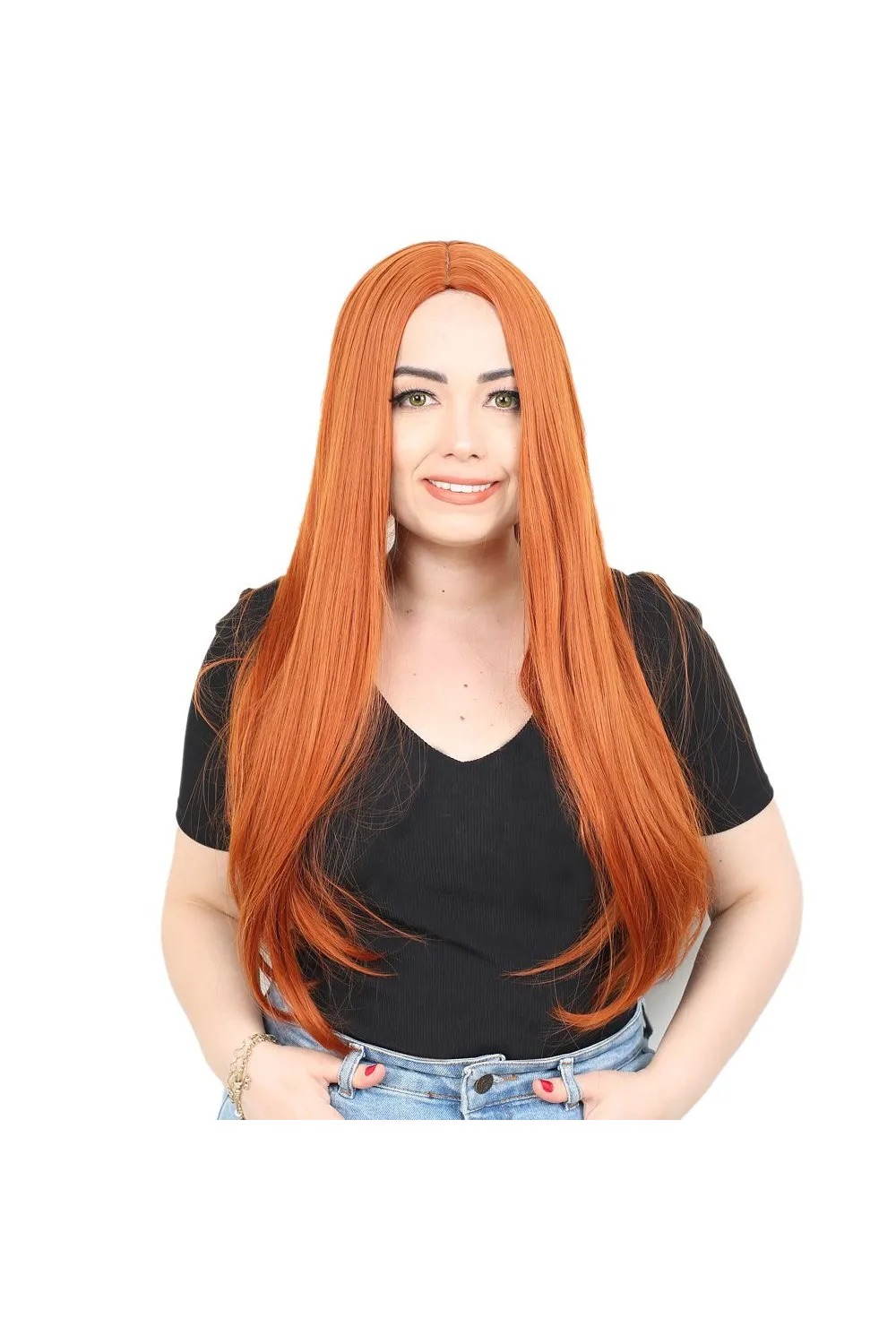 Fiber Sentetik Uzun Düz Peruk - Bakır