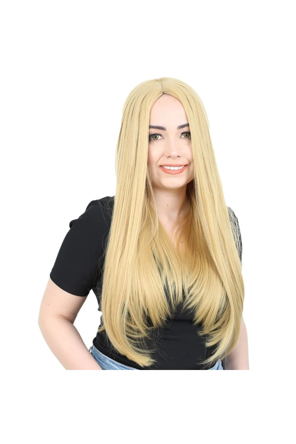 Fiber Sentetik Uzun Düz Peruk - Sarı