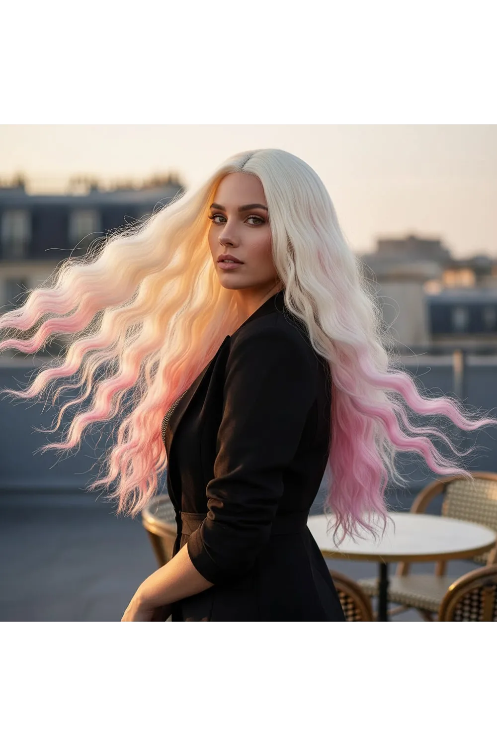 Fiber Sentetik Uzun Su Dalgası Peruk - Platin / Pembe Ombreli