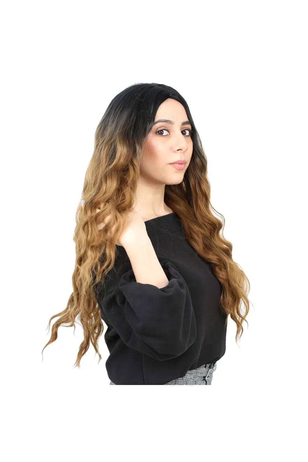 Fiber Sentetik Uzun Su Dalgası Peruk - Siyah / Karamel Ombreli