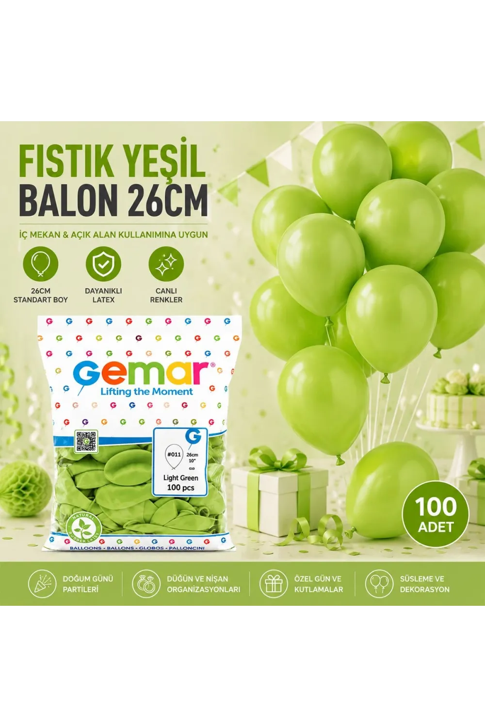 Fıstık Yeşili 26 cm Parti Balonları - 100lü