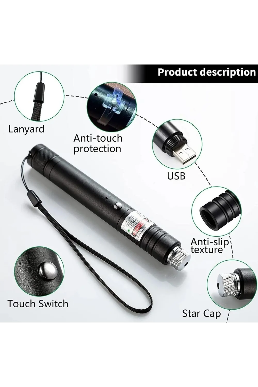 Fithome 100mw Desen Başlıklı Usb Şarjlı Yeşil Lazer Pointer