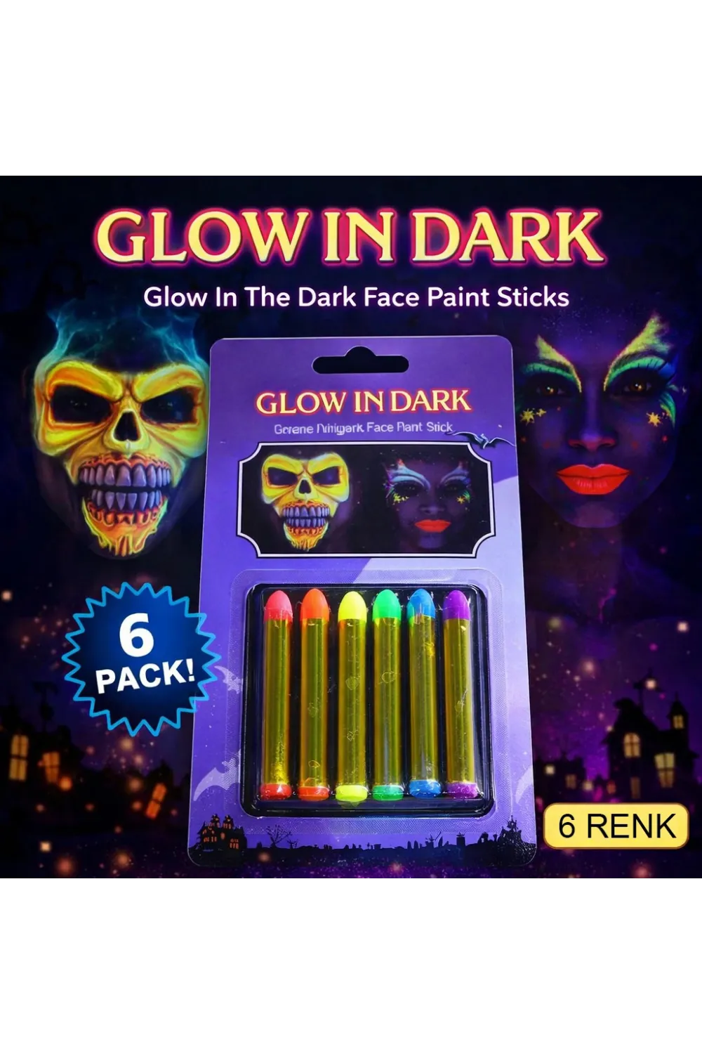 Fosforlu Glow Parti Boyası 6’lı – Karanlıkta Parlayan Yüz Boyası