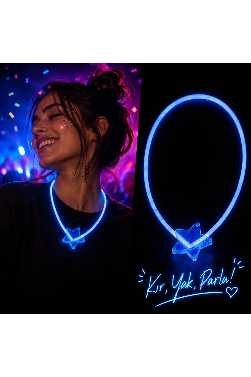 Fosforlu Yıldız Parti Kolyesi – Neon Işıklı Kolye Mavi Renk