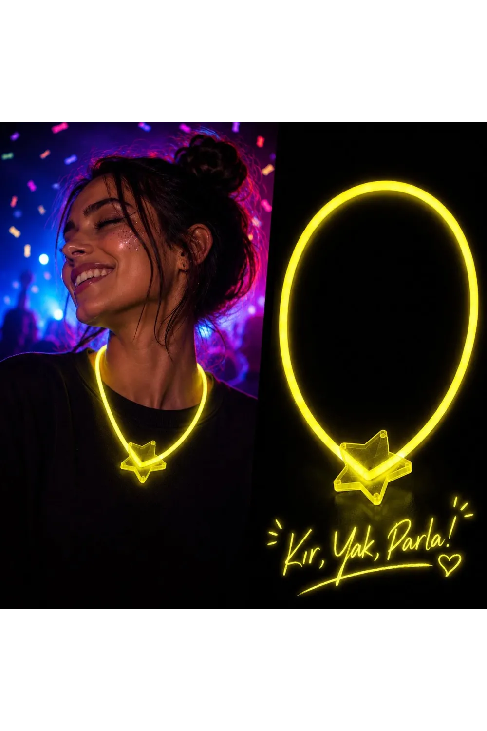 Fosforlu Yıldız Parti Kolyesi – Neon Işıklı Kolye Sarı Renk