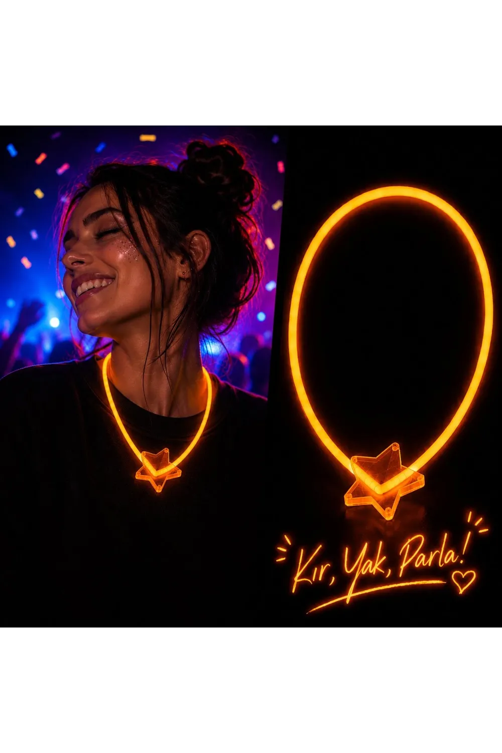 Fosforlu Yıldız Parti Kolyesi – Neon Işıklı Kolye Turuncu Renk