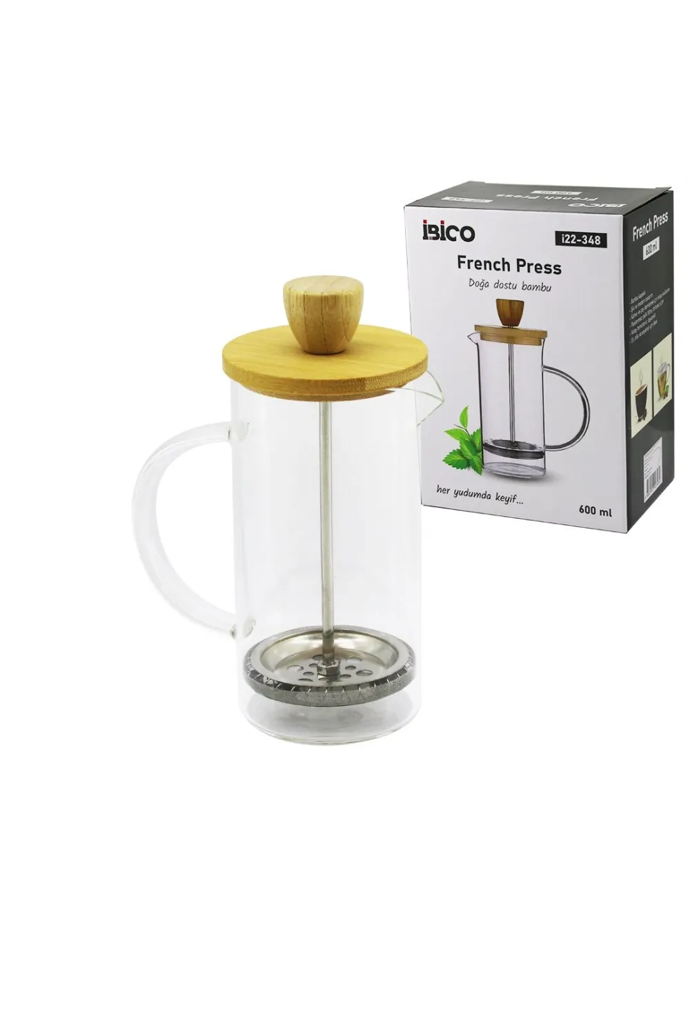 French Press Bambu Kapak 600ml Cam Bitki Süzgeçi