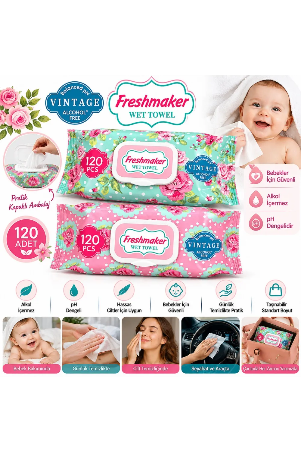 Freshmaker ( 120 Pcs ) ( Vintage ) Islak Mendil*24=k