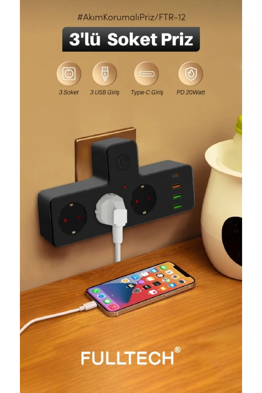 Ftr-12 Termal Akım Korumalı Isıya Dayanıklı 3’lü Priz 3x Usb 1x Type-c