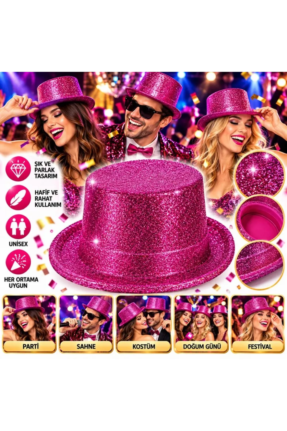 Fuşya Simli Glitter Silindir Parti Şapkası