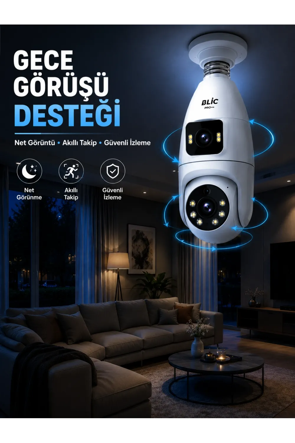 Gece Görüşlü Çift Lens Wi-fi Ampul Kamera Mobil Takip Destekli