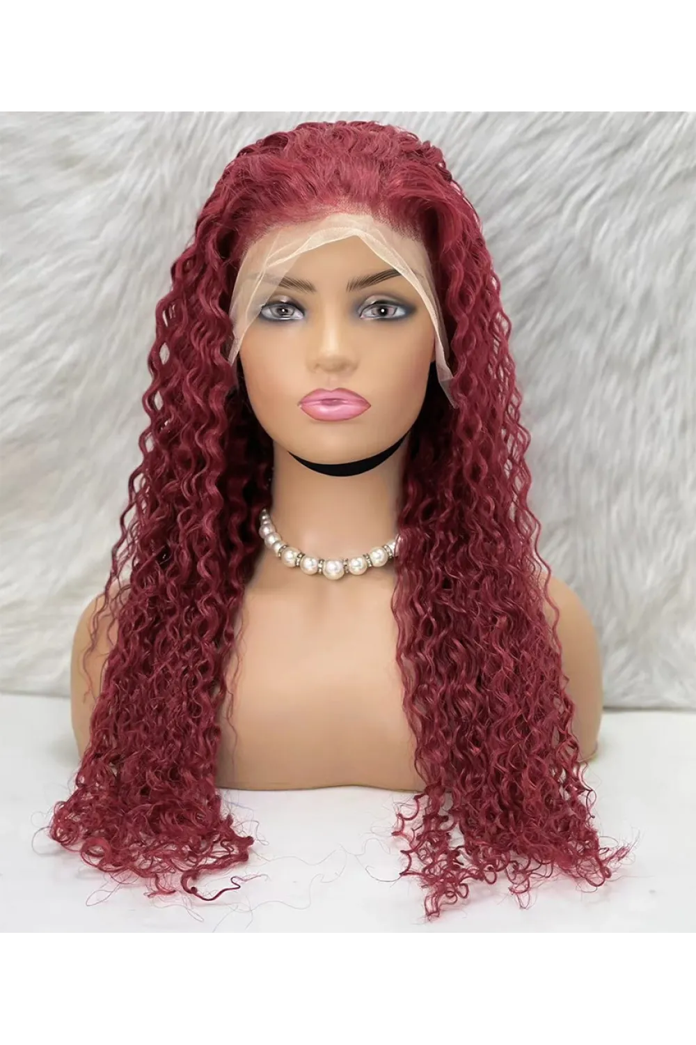 Gerçek Front Lace Tül Peruk - Su Dalgası - Koyu Kızıl 70-75cm