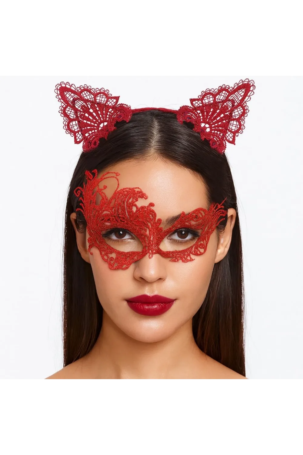 Gizemli Kırmızı Dantel Maske ve Taç Seti 1 No - Kostüm Seti
