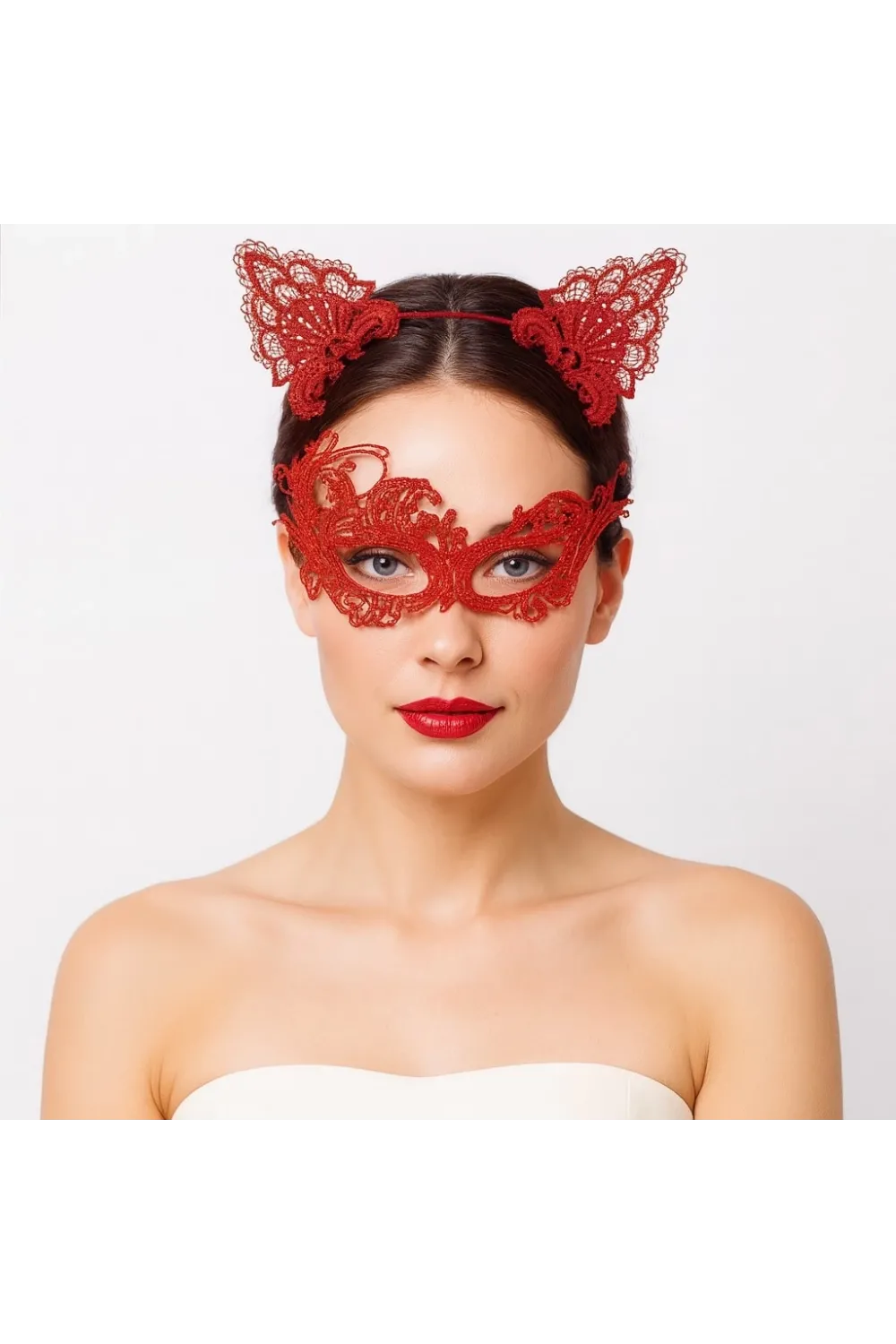 Gizemli Kırmızı Dantel Maske Ve Taç Seti 1 No - Kostüm Seti