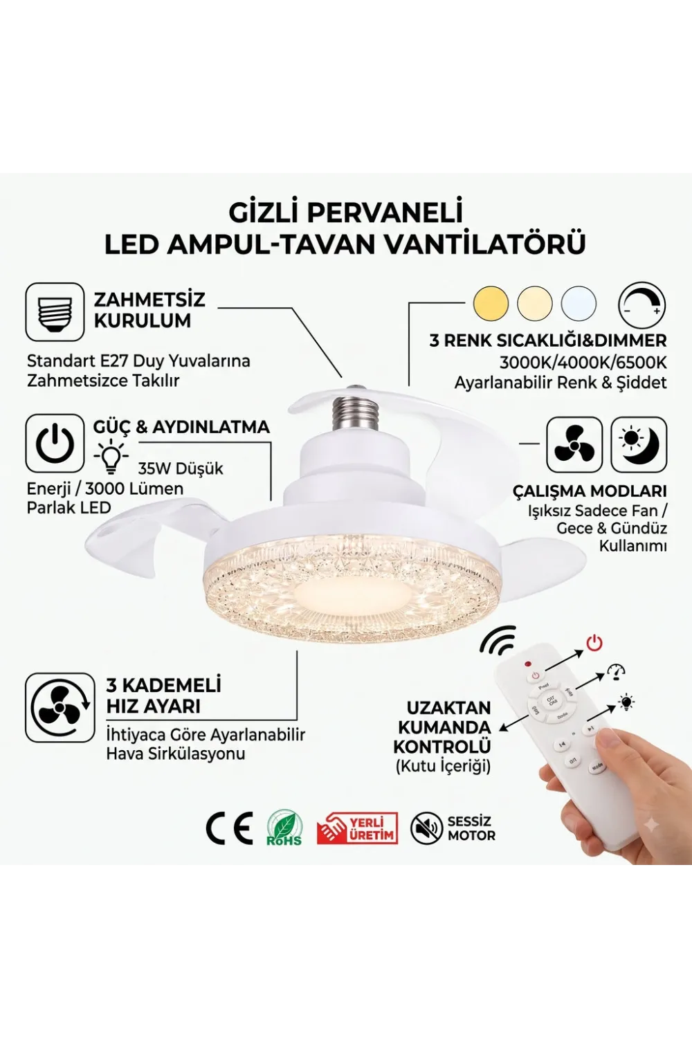 Gizli Pervaneli LED Ampul-Tavan Vantilatörü HV501