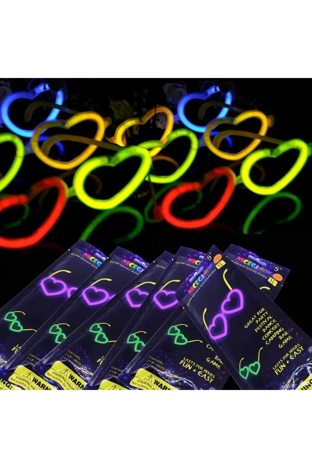 Glow Kalpli Fosforlu Gözlük 6’lı Renkli Set – Neon Parti