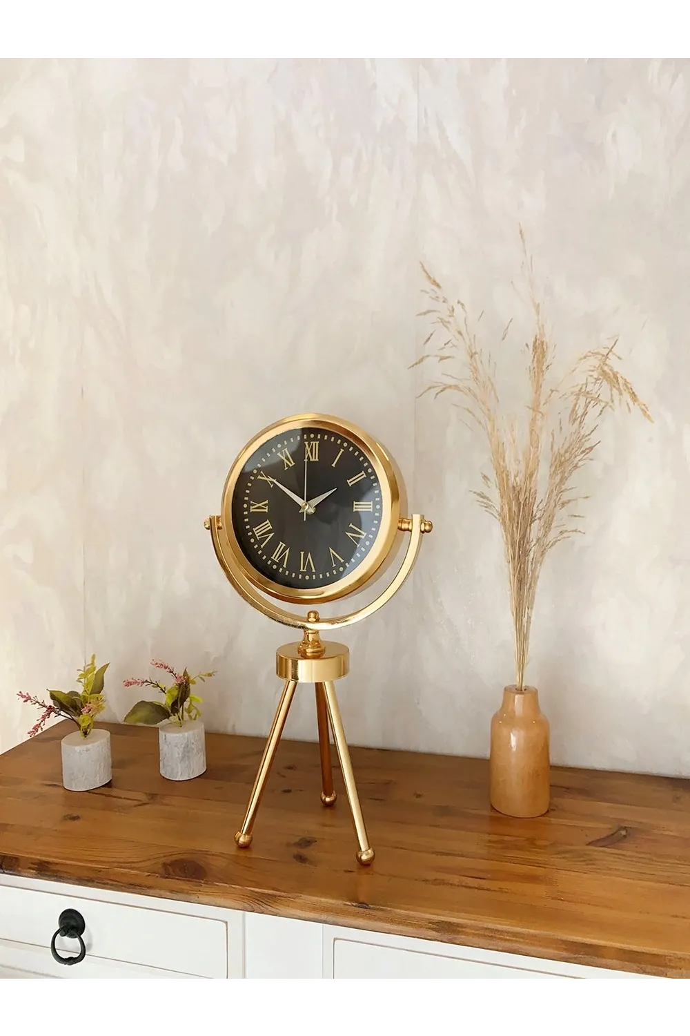 Gold Metal Mini Tripod Sade Masa Saati 45×26 cm