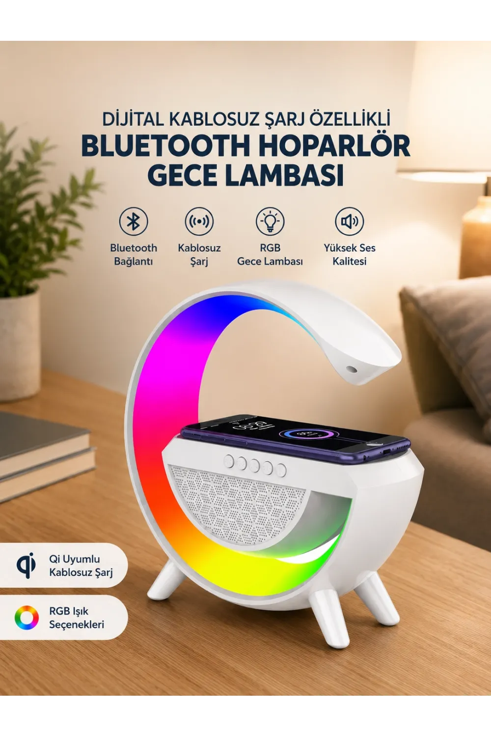 Google Dijital Kablosuz Şarj Özellikli Bluetooth Hoparlör Gece Lambası