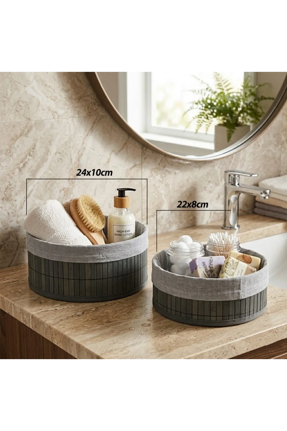 Gri 2 Boy Yuvarlak Bambu Kenar Organizer Sepet Ahşap Altlık - Bezli Çap=22x24cm