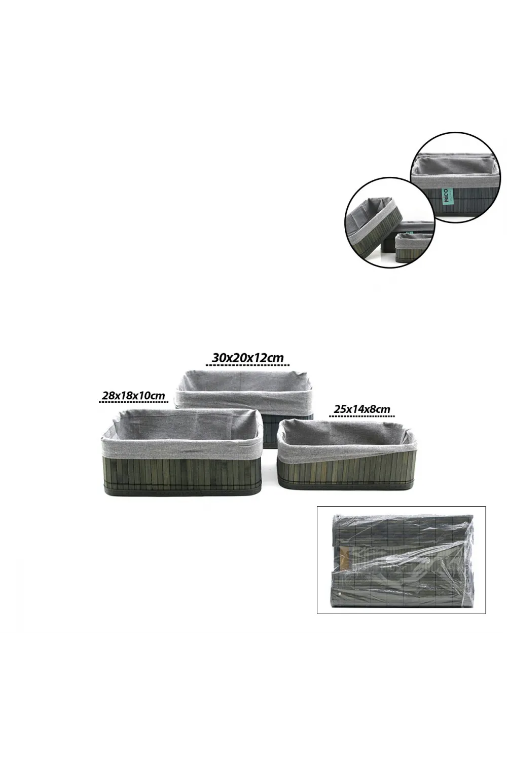Gri 3 Boy D.dörtgen Bambu Kenar Organizer Sepet Ahşap Altlık - Bezli 25x14-28x18-20x30cm