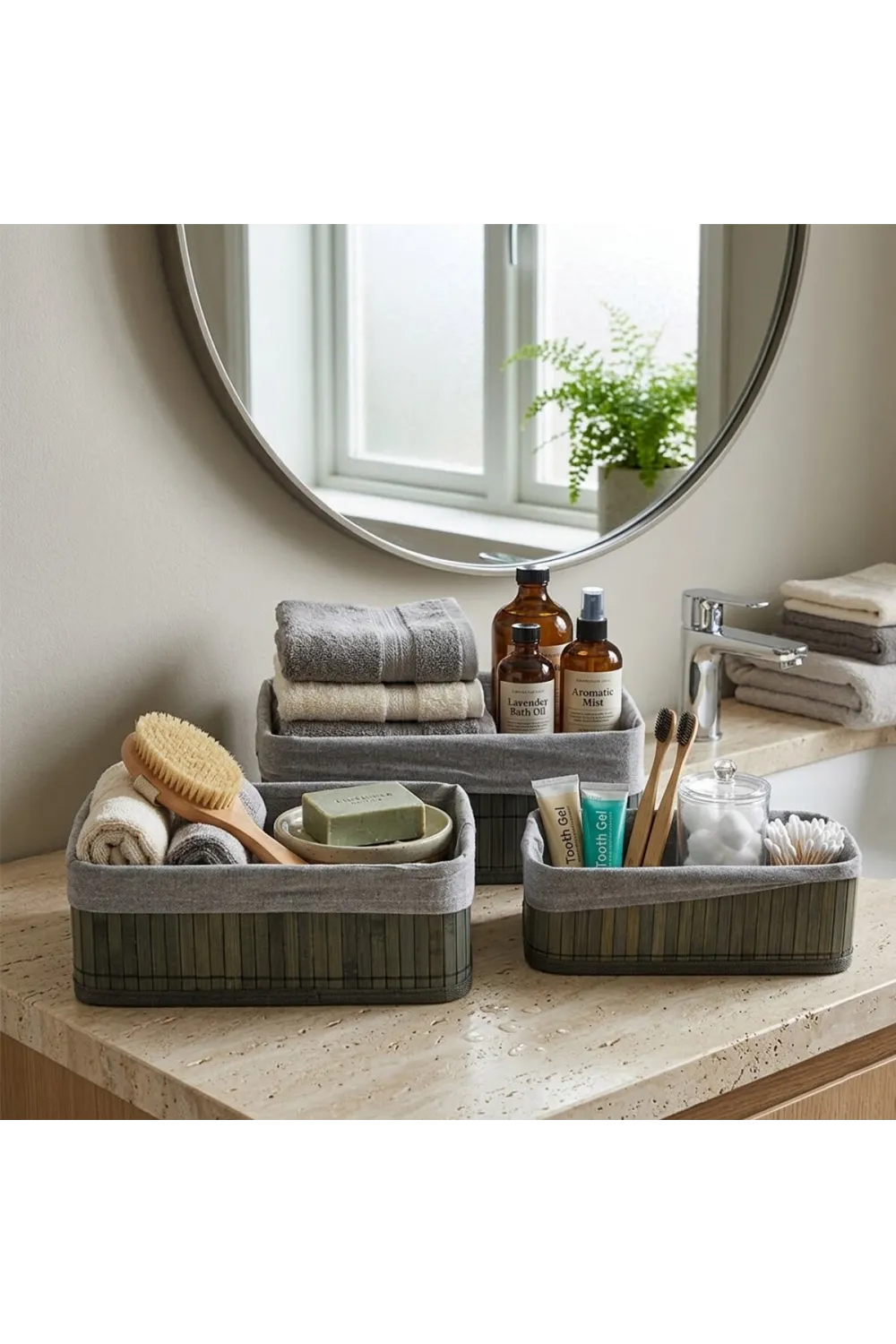 Gri 3 Boy D.dörtgen Bambu Kenar Organizer Sepet Ahşap Altlık - Bezli 25x14-28x18-20x30cm