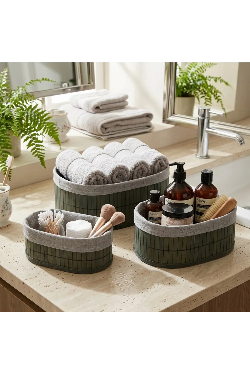 Gri 3 Boy Oval Bambu Kenar Organizer Sepet Ahşap Altlık - Bezli 12x21-16x25-20x30cm