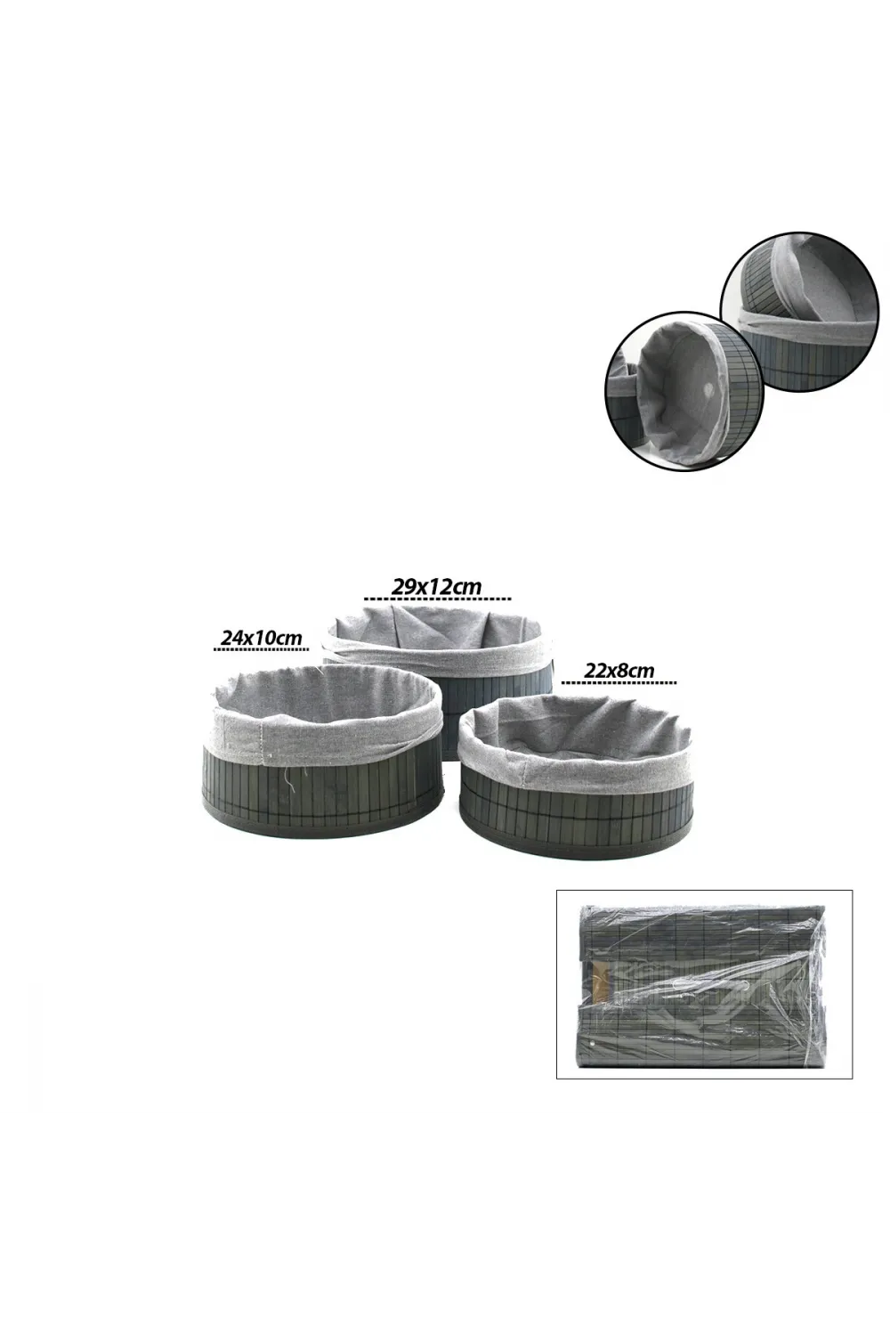 Gri 3 Boy Yuvarlak Bambu Kenar Organizer Sepet Ahşap Altlık - Bezli Çap: 22x24x29cm