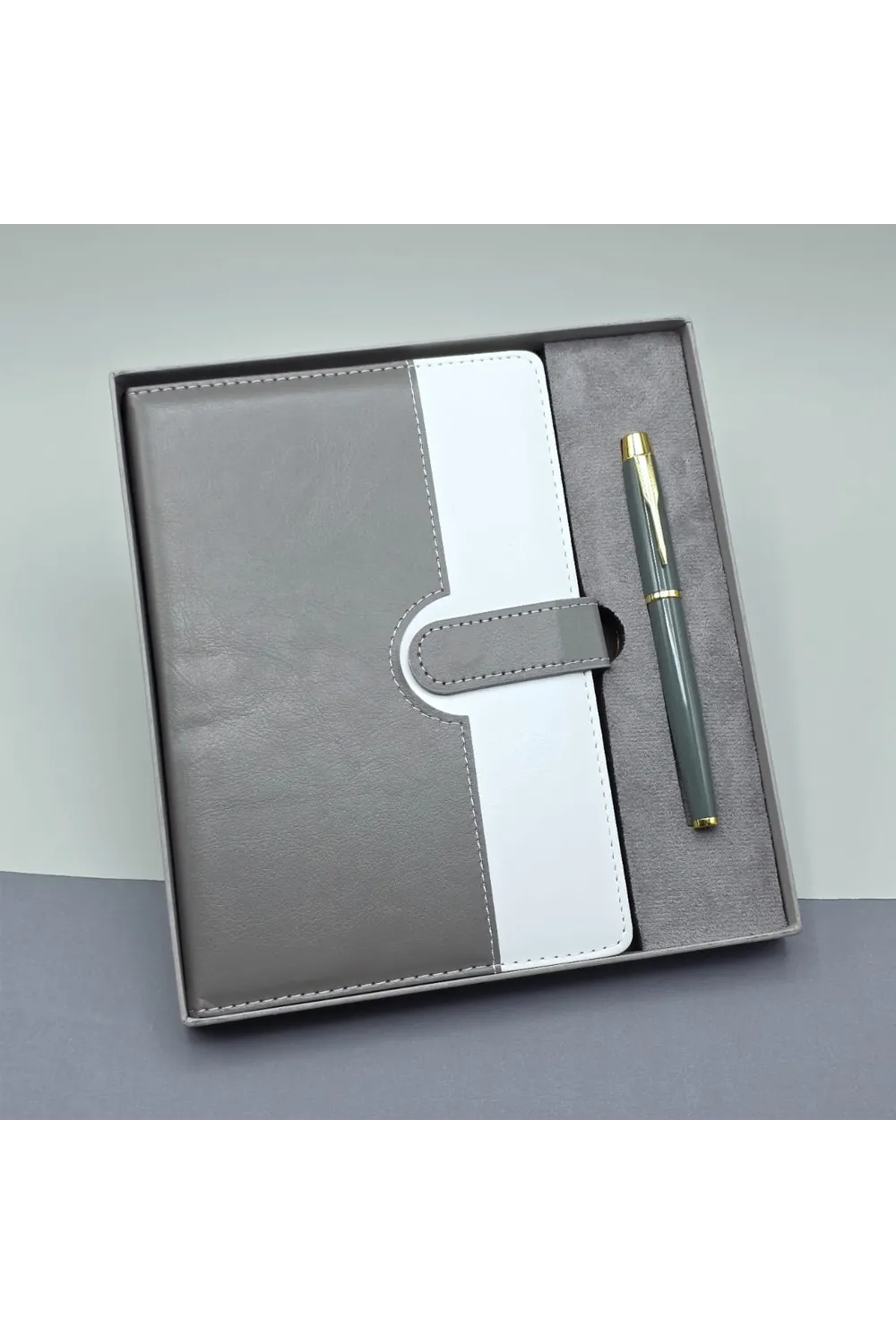Gri Kutulu Deri Defter Roller Kalem Set