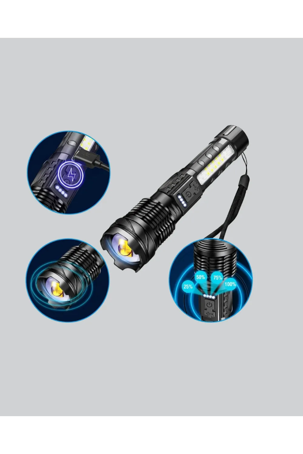 Güçlü Led El Feneri Şarj Edilebilir Çok Modlu