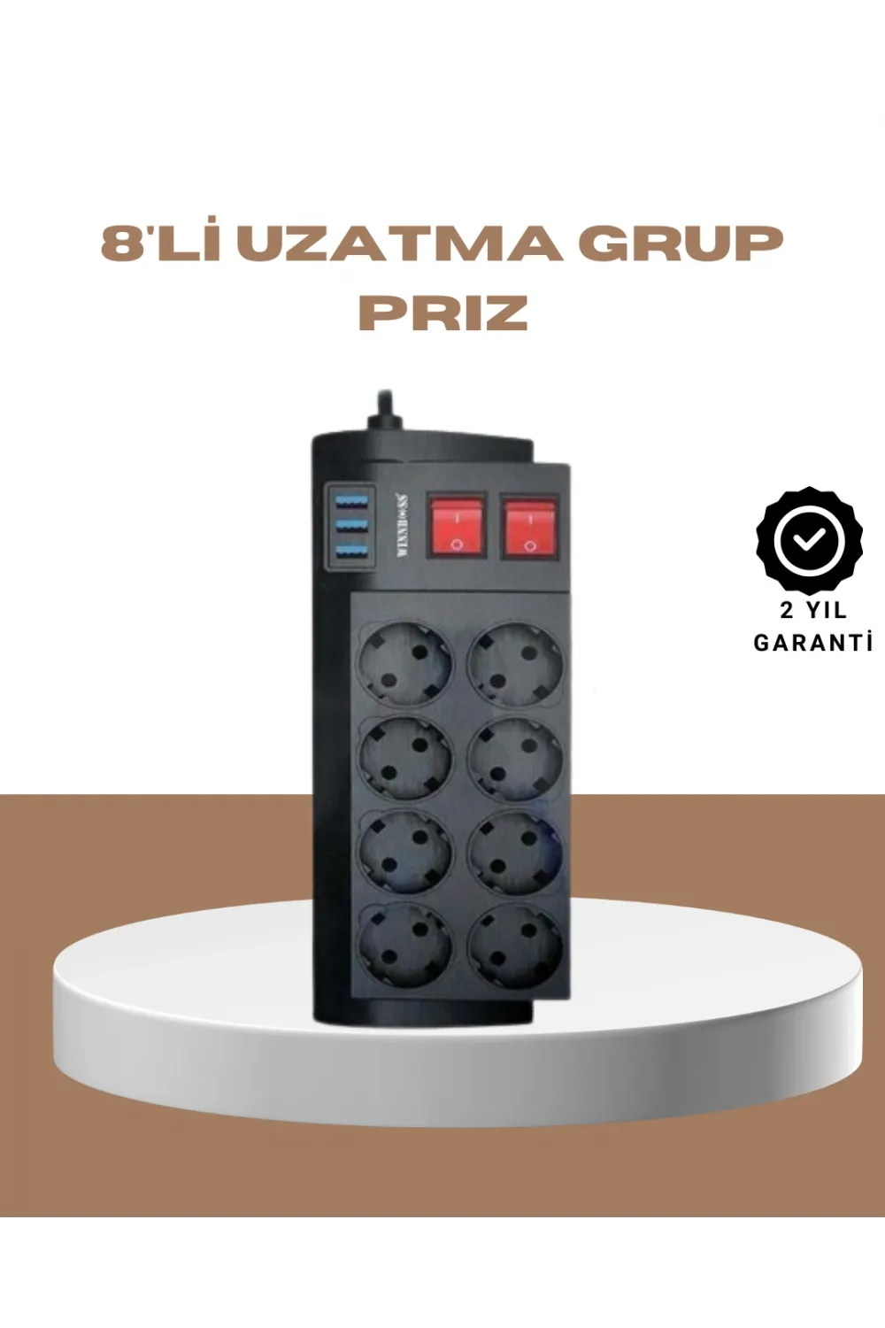 Güçlü Termal Korumalı 8 Priz + 3 Usb Çoklu Uzatma Kablosu 2m