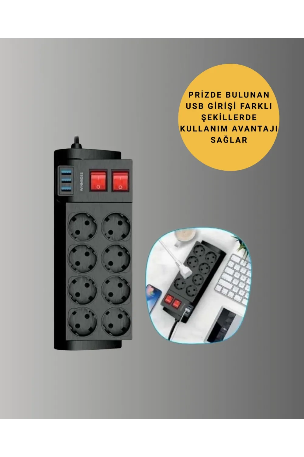Güçlü Termal Korumalı 8 Priz + 3 Usb Çoklu Uzatma Kablosu 2m