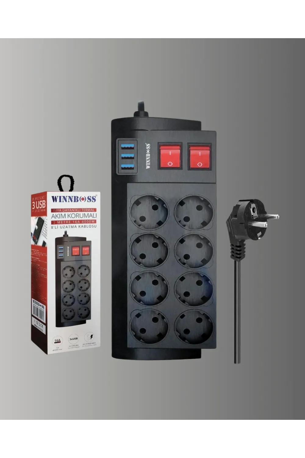 Güçlü Termal Korumalı 8 Priz + 3 Usb Çoklu Uzatma Kablosu 2m