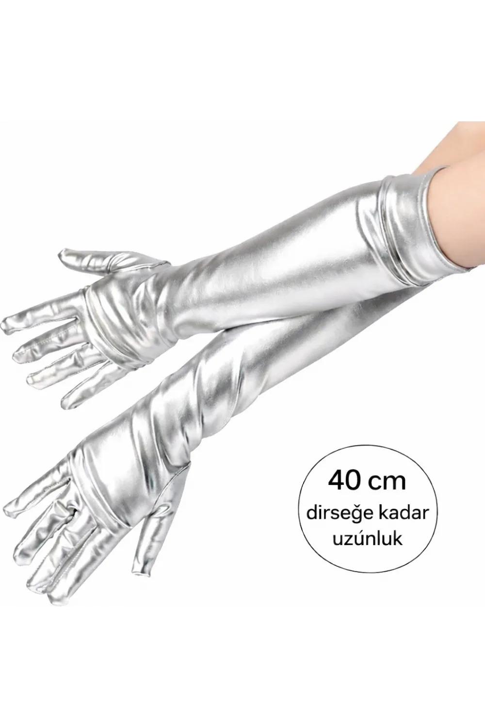 Gümüş Renk Dirsek Altı Lüks Saten Eldiven 40 Cm