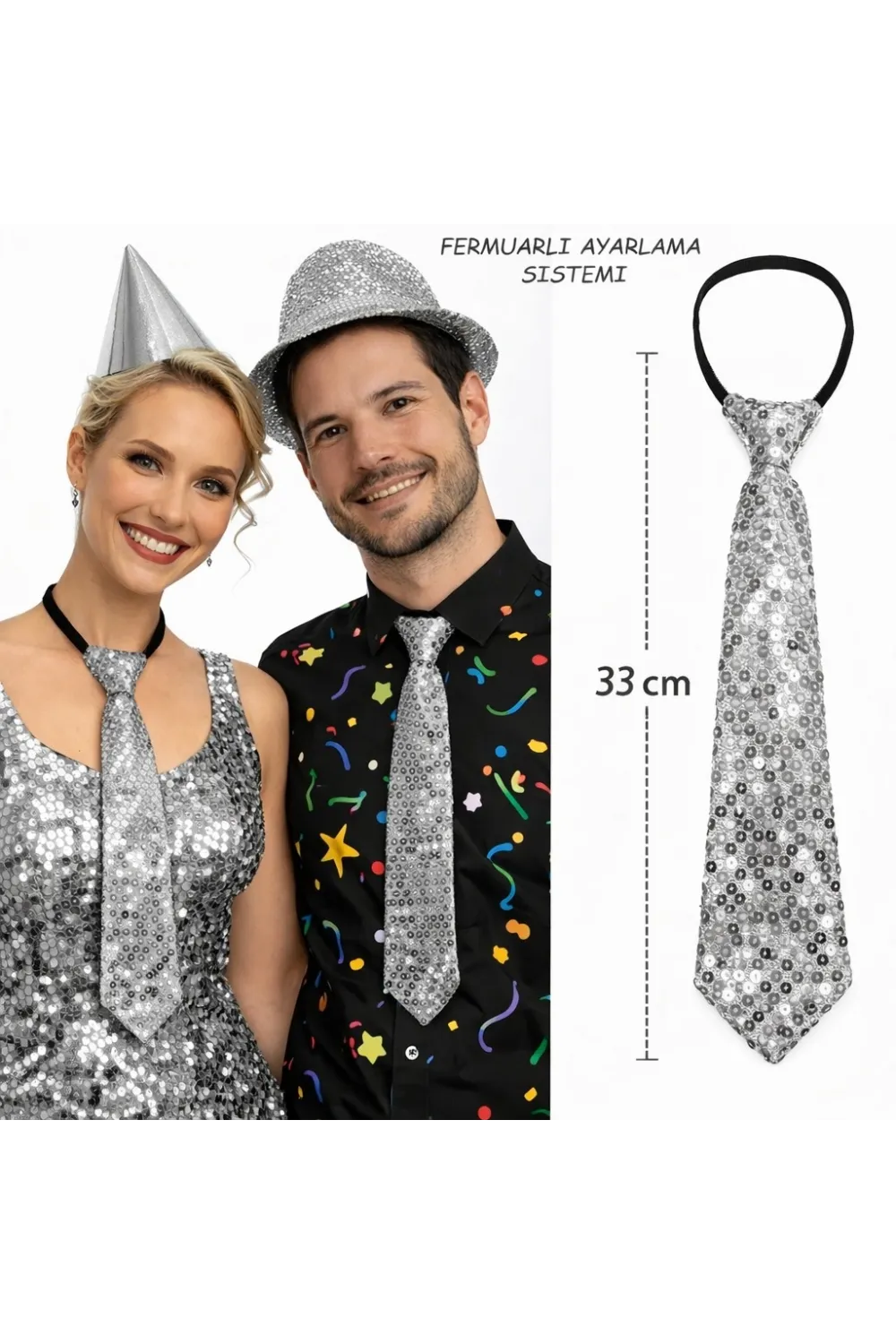 Gümüş Renk Pul Payetli Işıltılı Parti Kravatı 33 cm